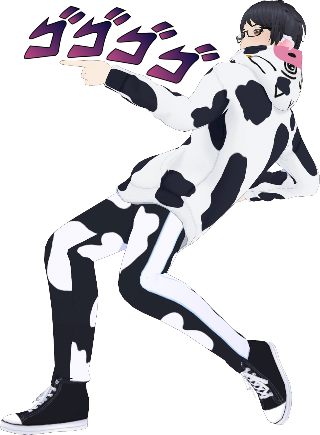 MightyMooMoo in his cow outfit, with sneakers that look like converse, doing a jojo pose, pointing his finger to the left. 